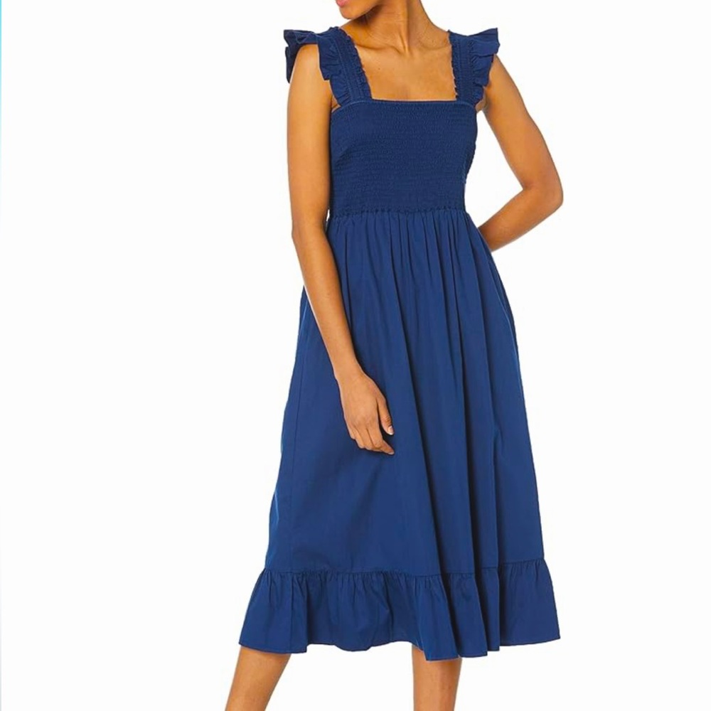The Drop | Kimi Riffled Shoulder Smocked Midi Dress | Nap Dress Navy | Sz XL